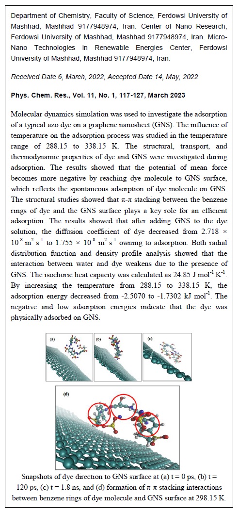 Adsorption of an Azo Dye on Graphene Nanosheet: A Molecular Dynamics Simulation Study 