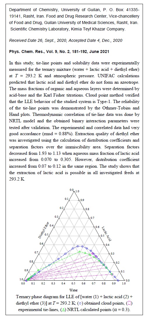 Measurement, Correlation and Prediction of LLE Data for the Ternary System Water + Lactic Acid + Diethyl Ether at 293.2 K 