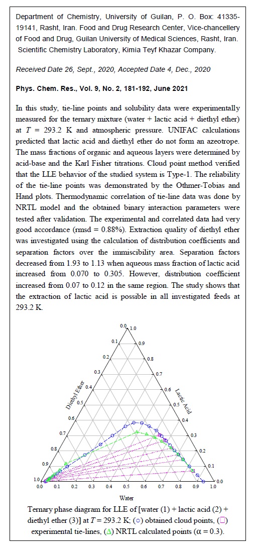 Measurement, Correlation and Prediction of LLE Data for the Ternary System Water + Lactic Acid + Diethyl Ether at 293.2 K 