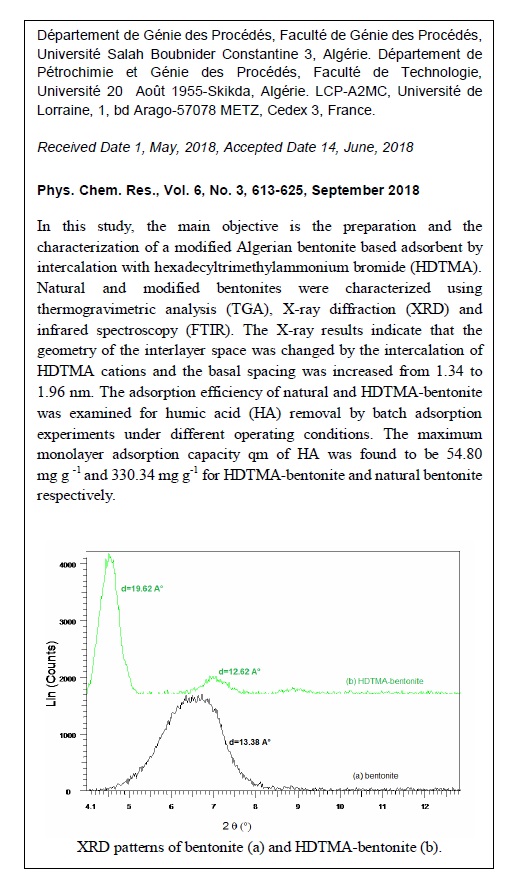 Adsorption Removal of Humic Acid from Water Using a Modified Algerian Bentonite 