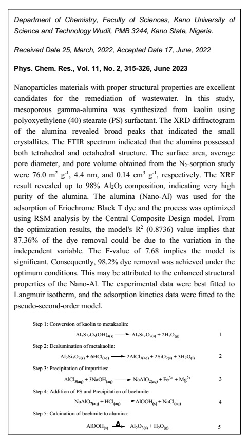 RSM Optimized Adsorption of Eriochrome Black T Dye onto Alumina Nanoprticles: Isotherm and Kinetics Studies 