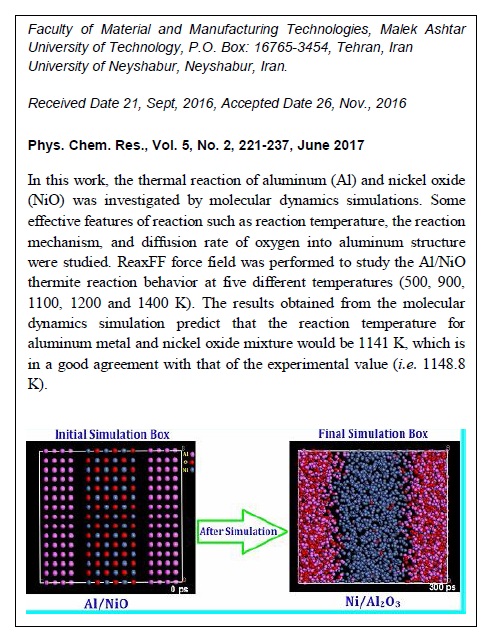 Molecular Dynamics Simulation of Al/NiO Thermite Reaction Using Reactive Force Field (ReaxFF) 